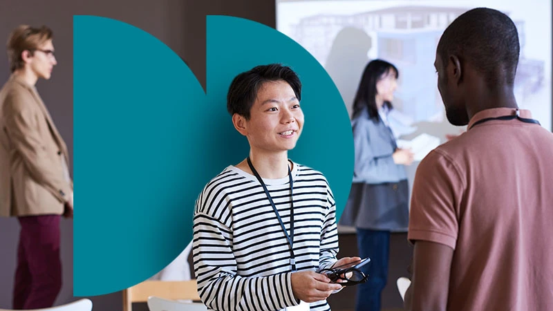 People networking in an office, with teal geometric branding.