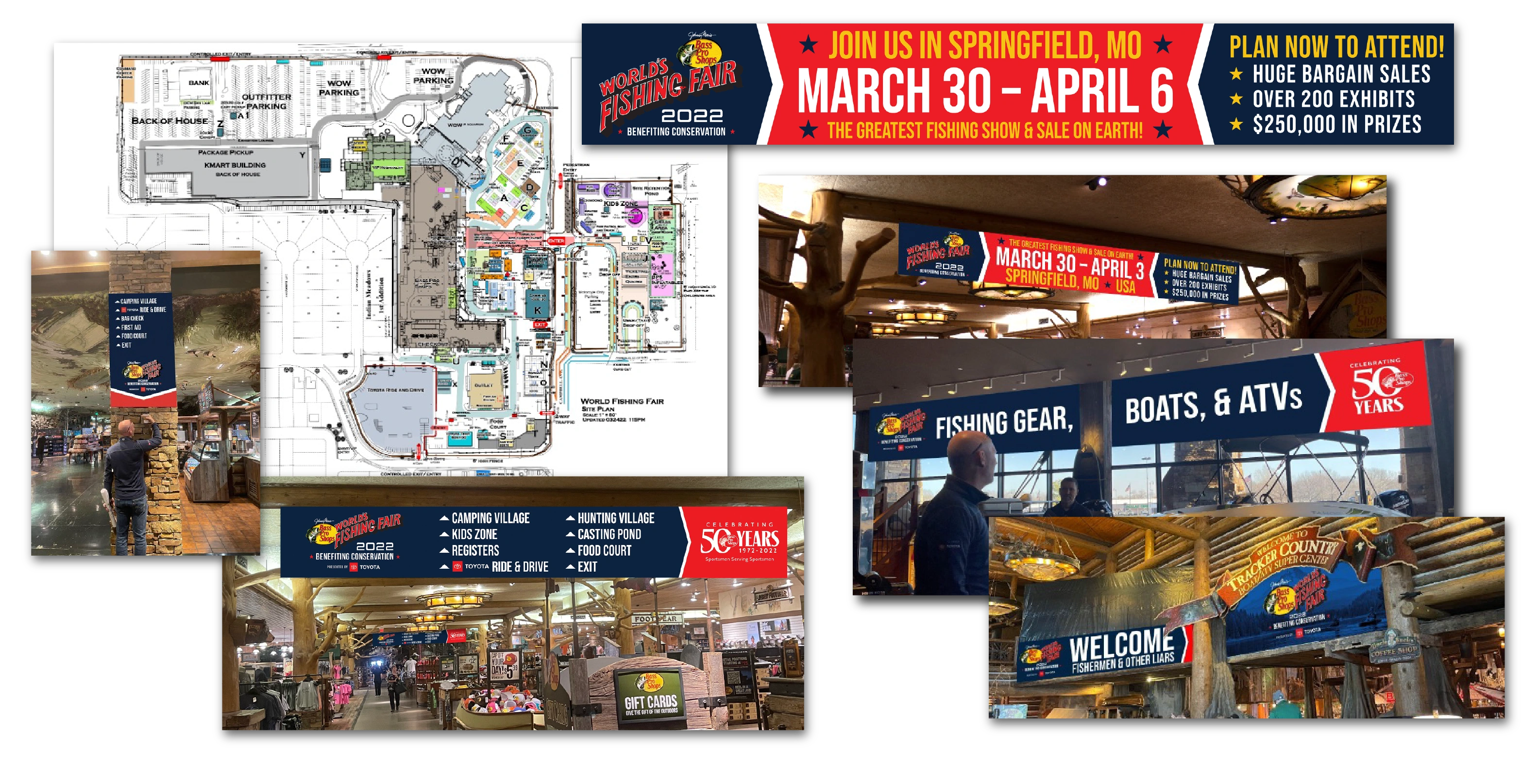 A World’s Fishing Fair site plan alongside in-store banners, directional signs and photographs of retail installations.