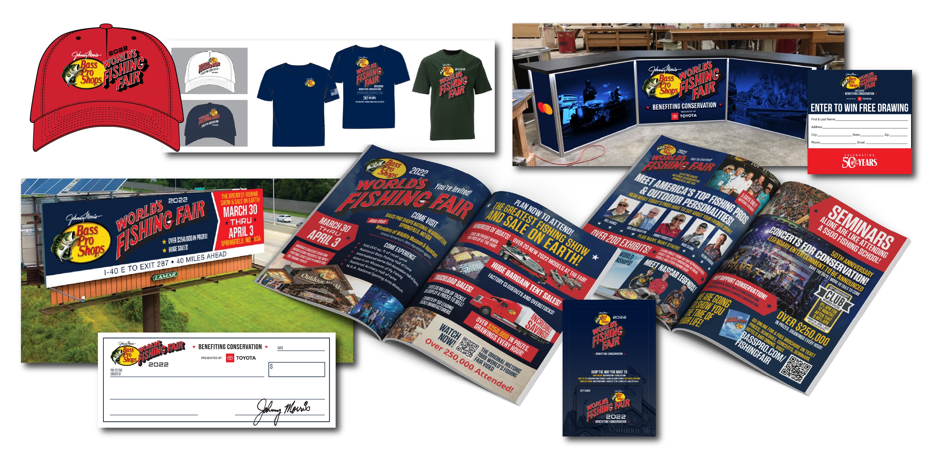 Event hats and shirts, a promotional booth, billboard, magazine spreads, giveaway form and gift-card artwork.
