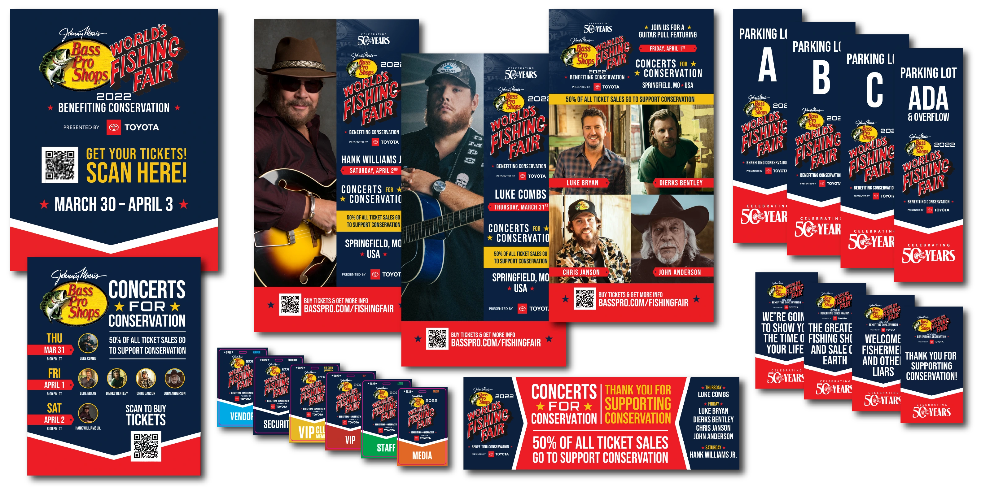 Concert posters and schedules alongside parking signs and color-coded vendor, security, VIP, staff and media credentials.
