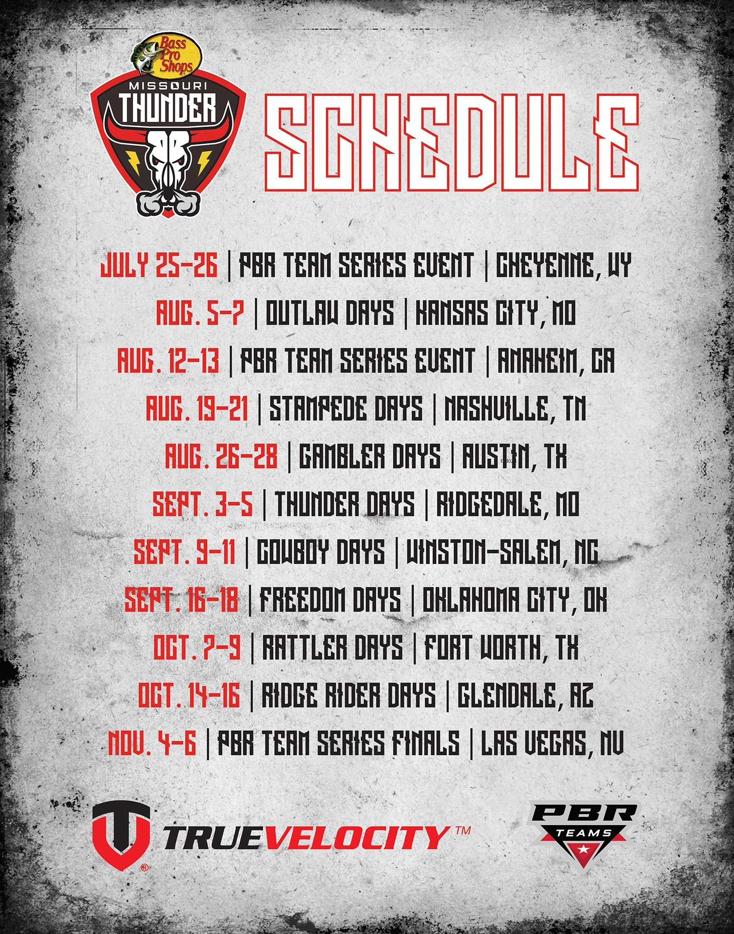 Light-background Missouri Thunder team schedule artwork.