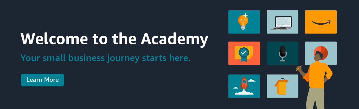 Welcome to the Academy banner with small business learning illustrations.