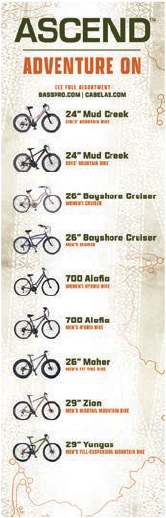 Tall Ascend Adventure On in-store sign listing bicycle models.