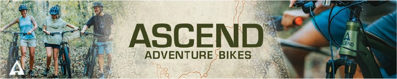 Wide Ascend Adventure Bikes in-store sign with riders and bicycle details.