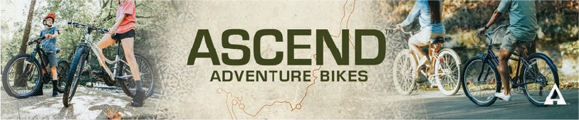 Wide Ascend Adventure Bikes in-store sign with riders in an outdoor setting.