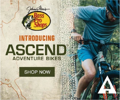 Bass Pro Shops Introducing Ascend Adventure Bikes banner with a bicycle detail.