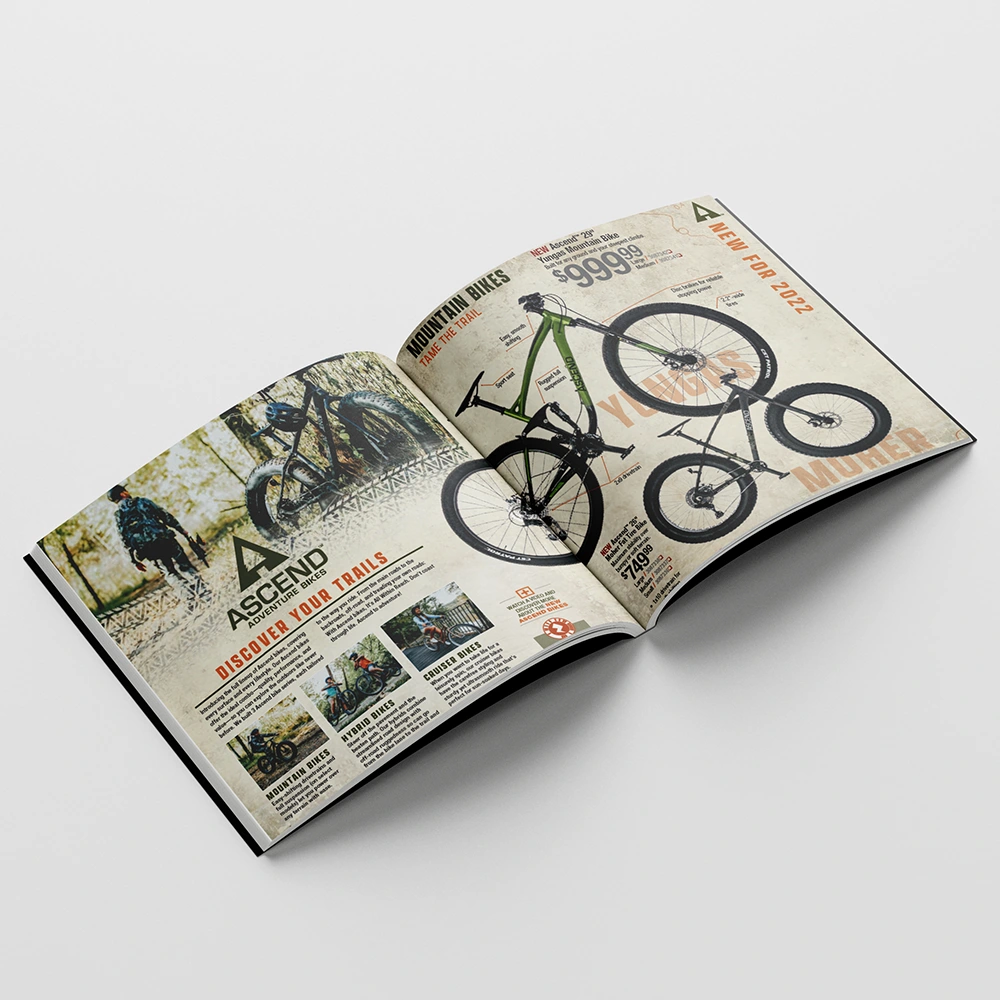 Open Ascend print spread with outdoor imagery and mountain bike product information.