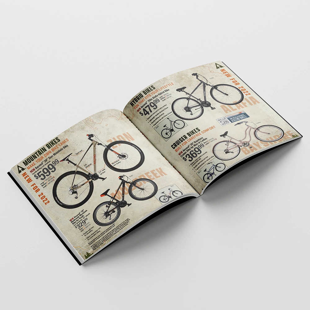 Open Ascend print spread featuring mountain, hybrid and cruiser bicycles.