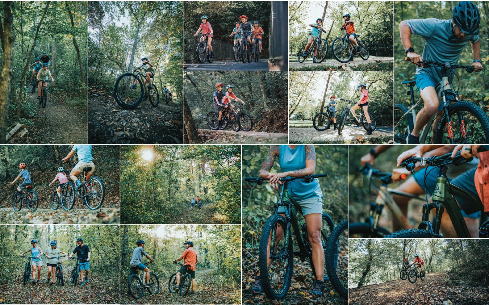 Collage of trail riders, groups and bicycle details in woodland settings.