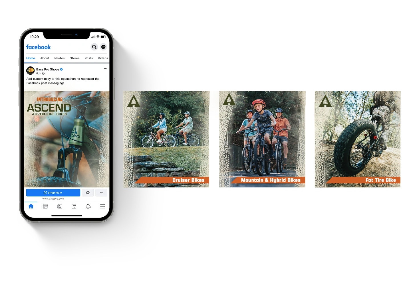 Ascend social creative shown on a phone beside three bicycle-category cards.