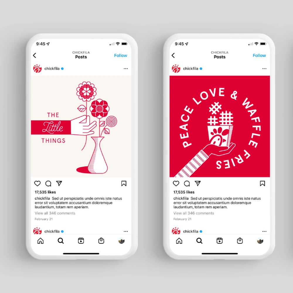 Two social posts featuring a flower-holding figure and Peace love and waffle fries artwork