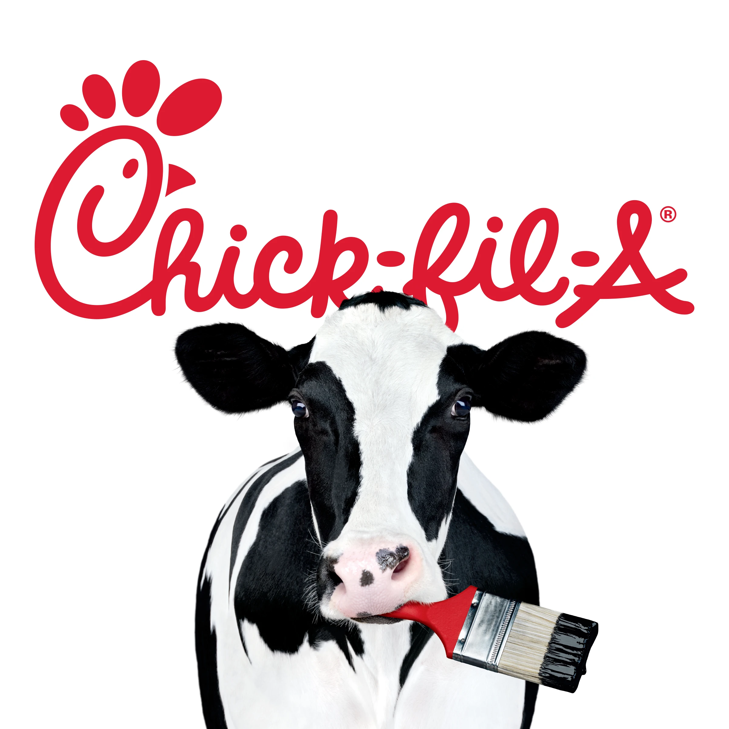 Chick-fil-A logo above a cow holding a paintbrush.