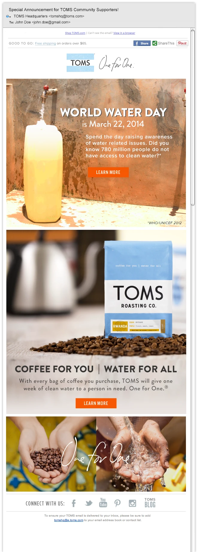 Community email featuring World Water Day and TOMS coffee