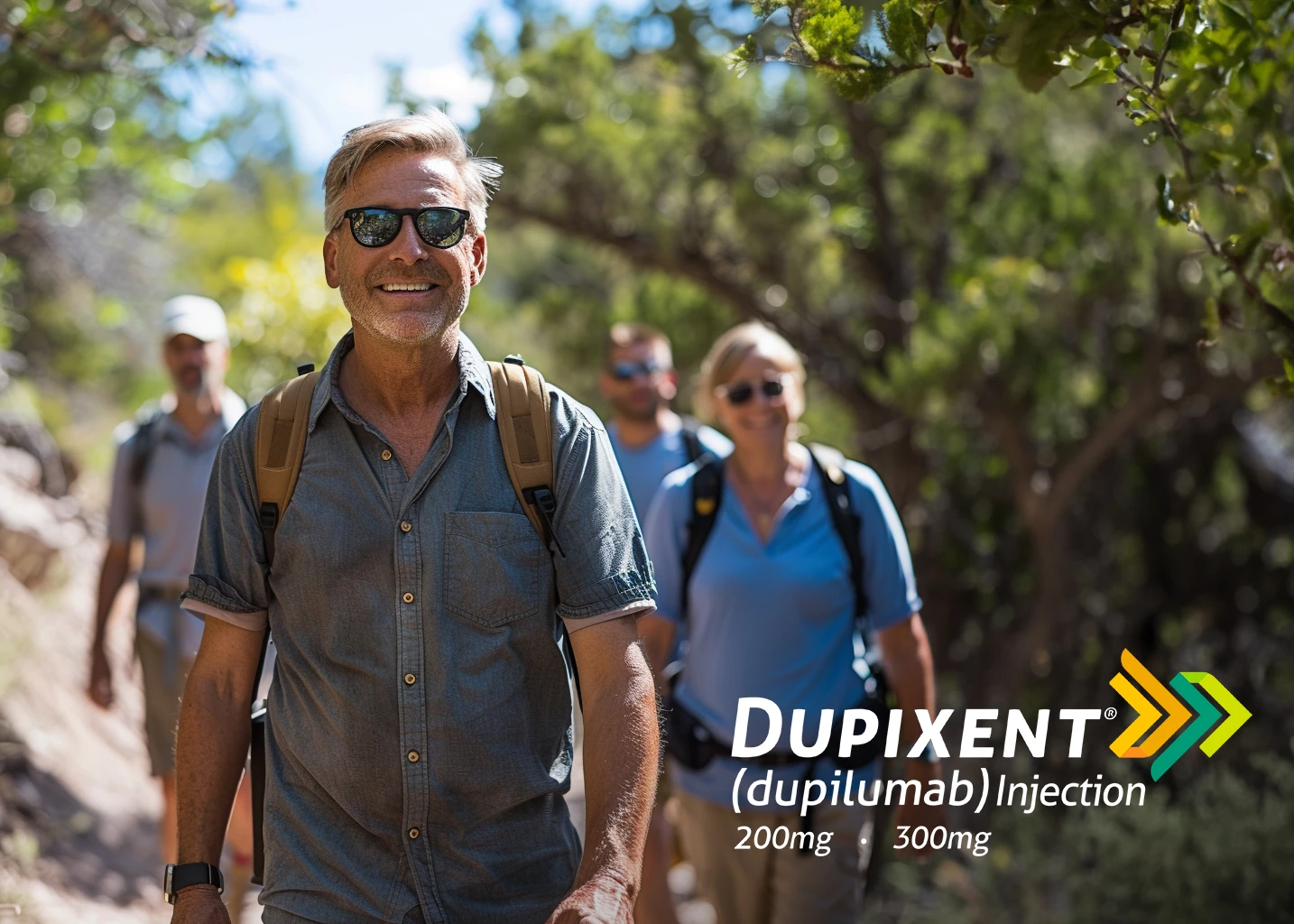 Dupixent advertising concept with a man hiking outdoors.