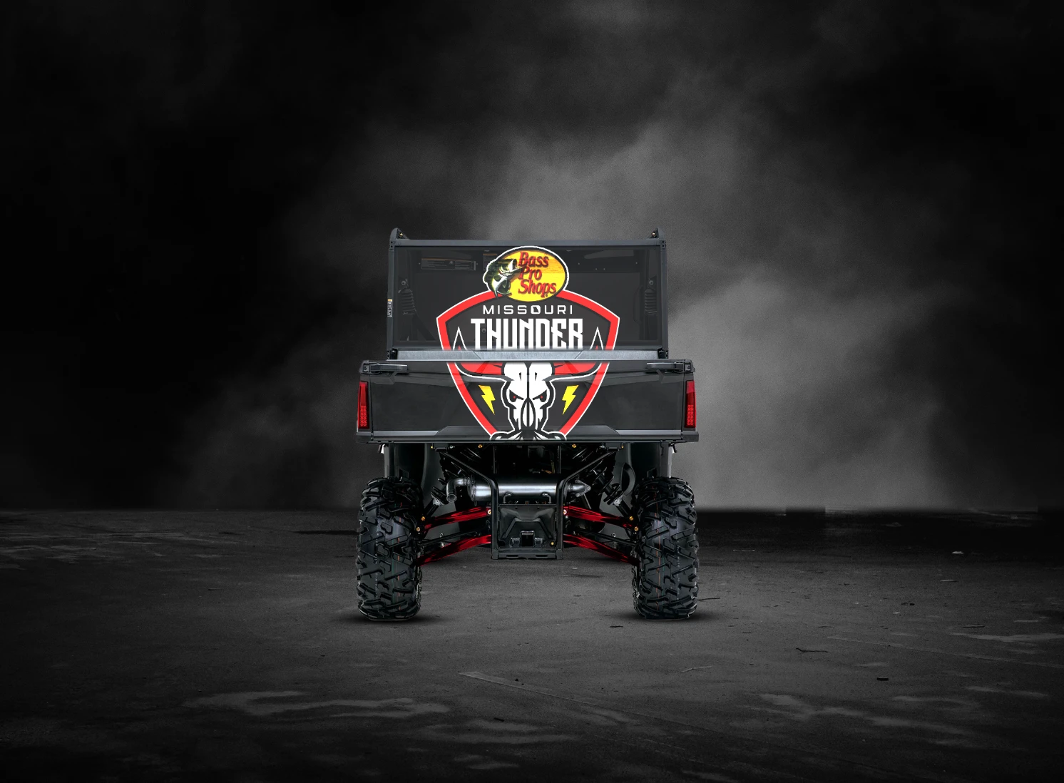 Rear rendering of the Missouri Thunder off-road vehicle wrap.