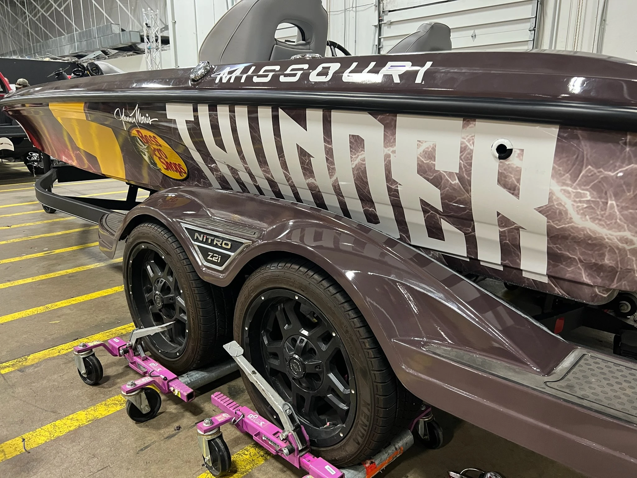 Close detail of the Missouri Thunder boat wrap.