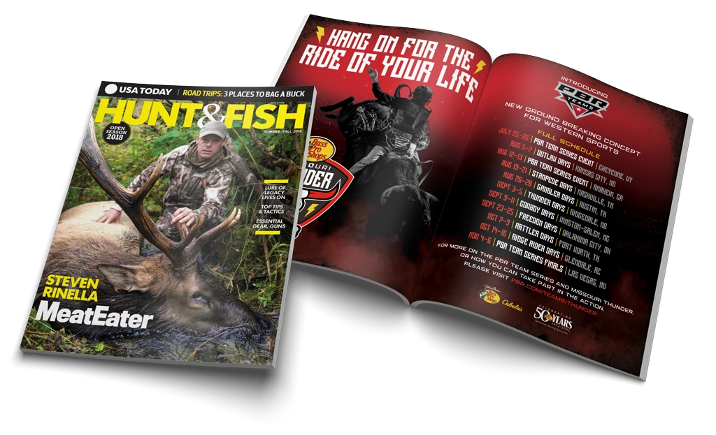 Magazine cover and Missouri Thunder full-page advertisement mockup.