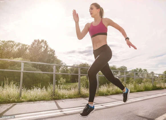 Original running photograph with the woman’s bra replaced by the sample sports bra using AI.