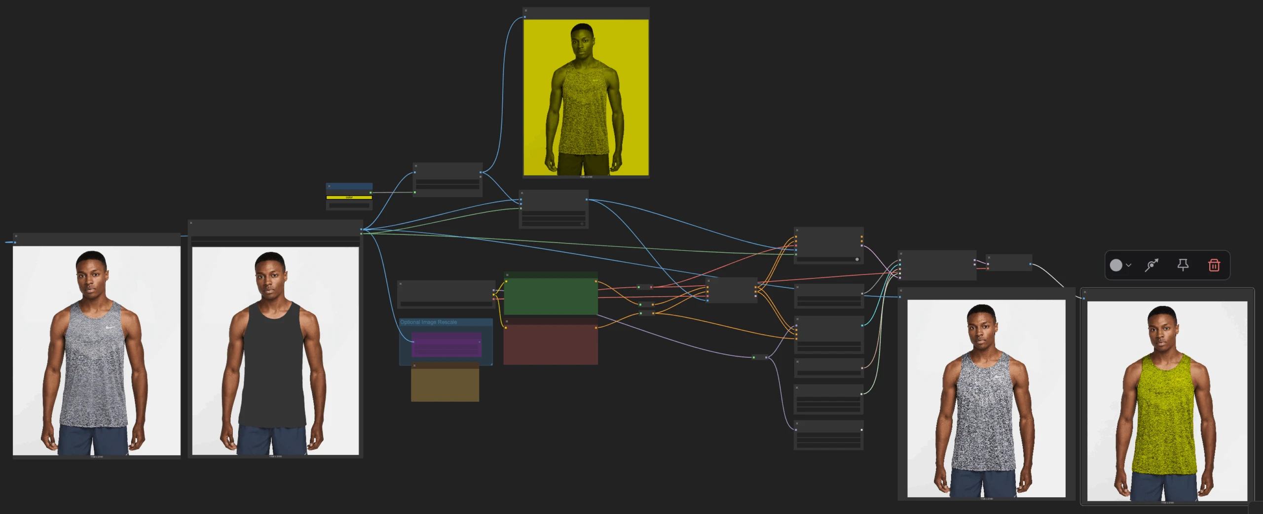 Apparel recoloring workflow showing a source model photograph, garment controls and alternate tank-top color outputs.