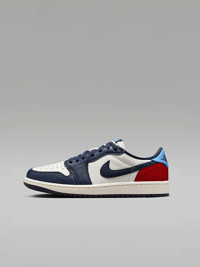 Shoe example with a red accent panel.
