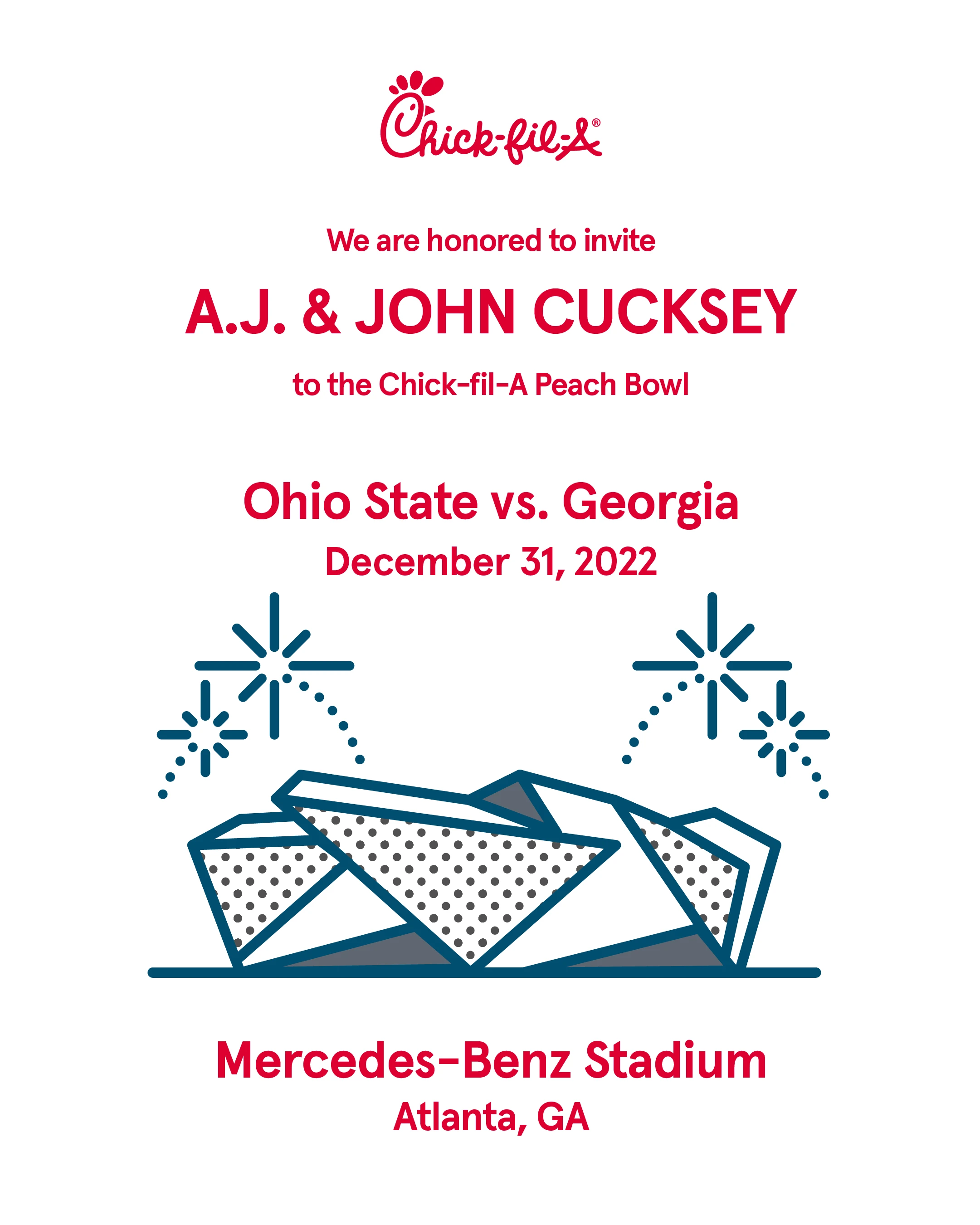 White Chick-fil-A Peach Bowl invitation artwork