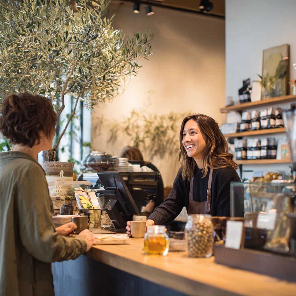 AI-generated scene of a customer speaking with a barista in a bright cafe.
