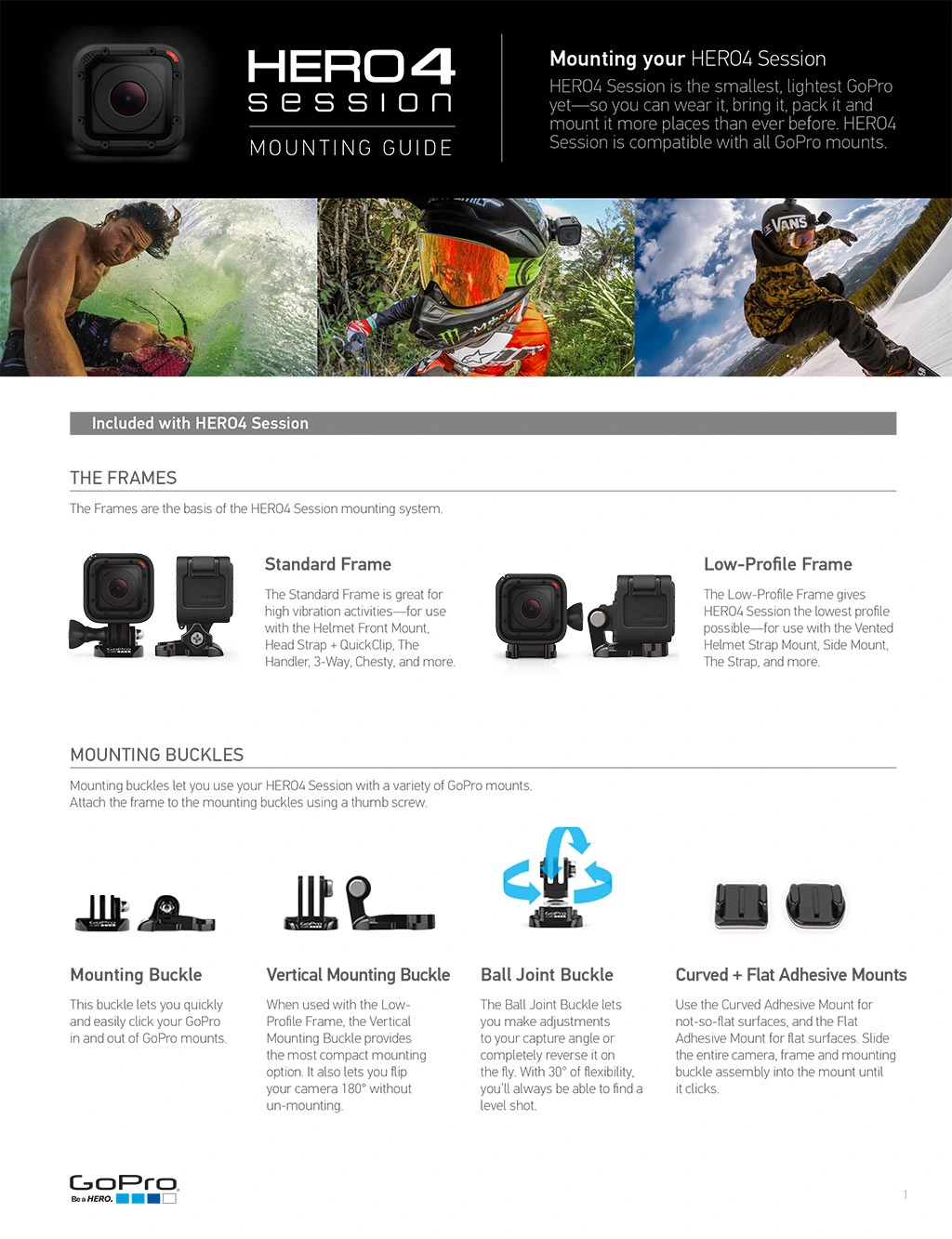 HERO4 Session mounting guide, page 1, shown in full.