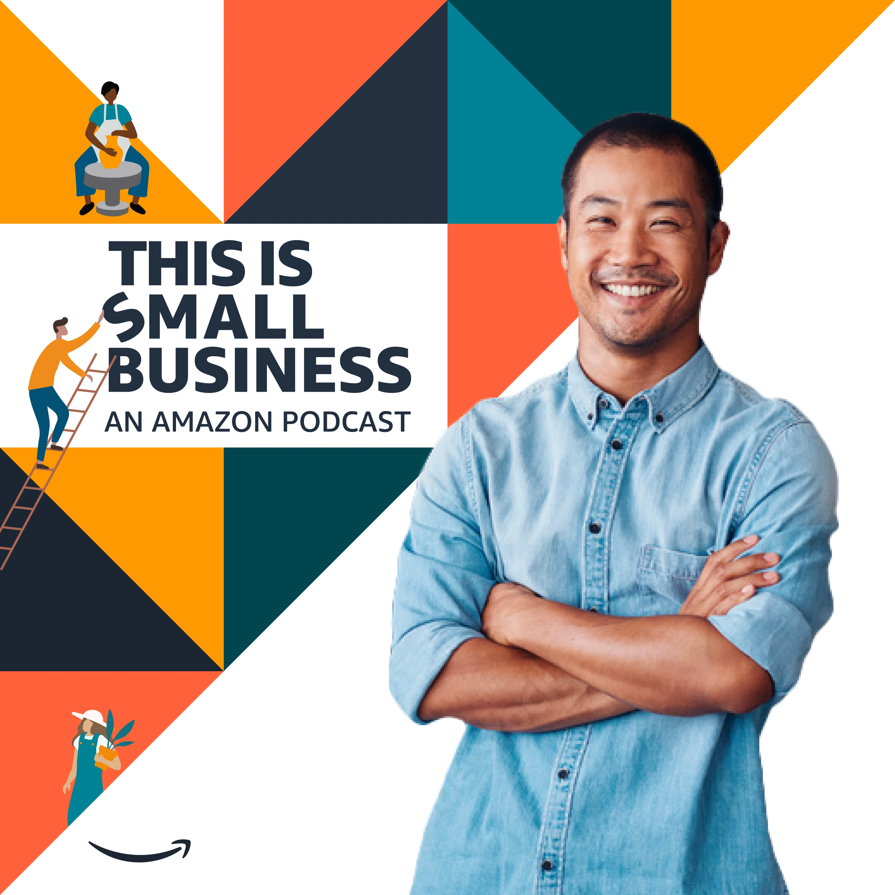 This Is Small Business podcast cover with geometric brand graphics and a man in a blue shirt.