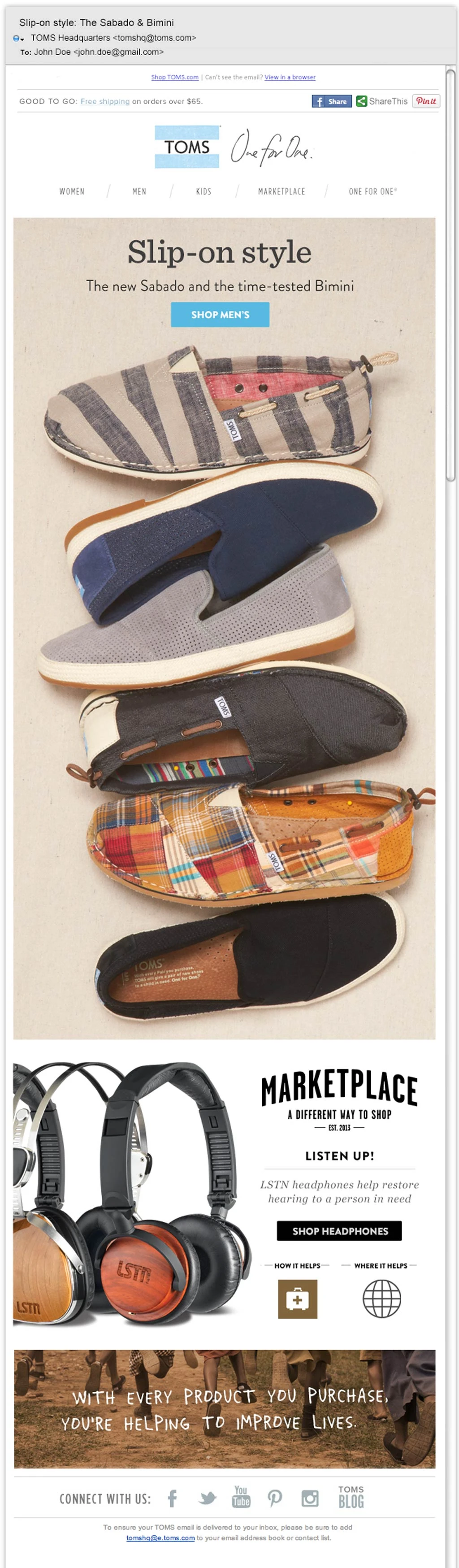 Email featuring stacked slip-on shoes and a Marketplace promotion