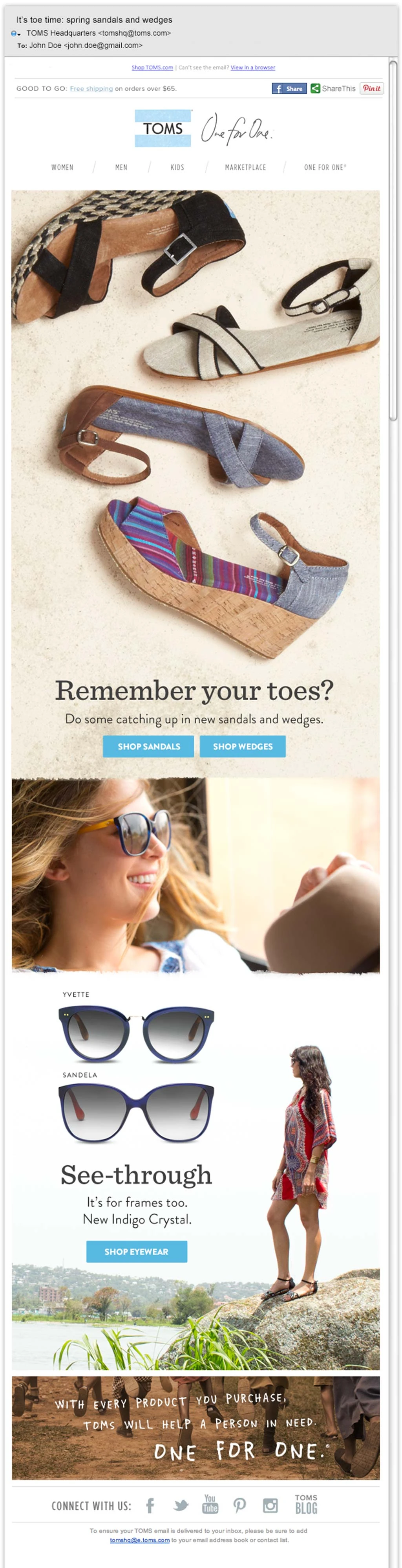 Email featuring sandals and eyewear