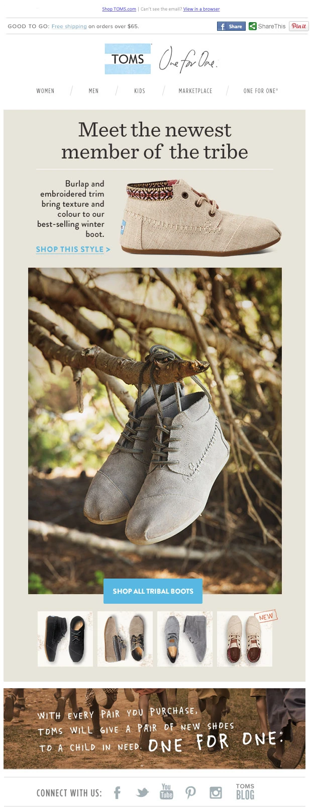 Email introducing burlap footwear with product and lifestyle imagery