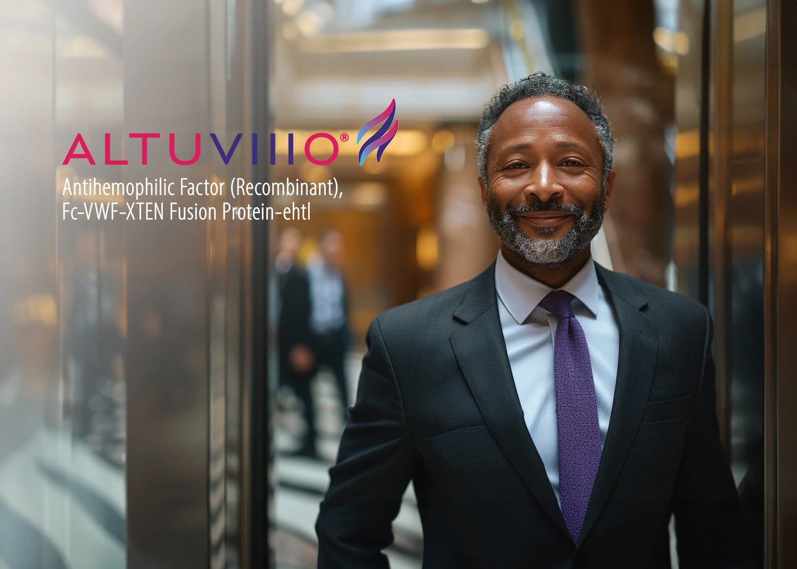 Altuviiio advertising concept with a man standing near elevators.