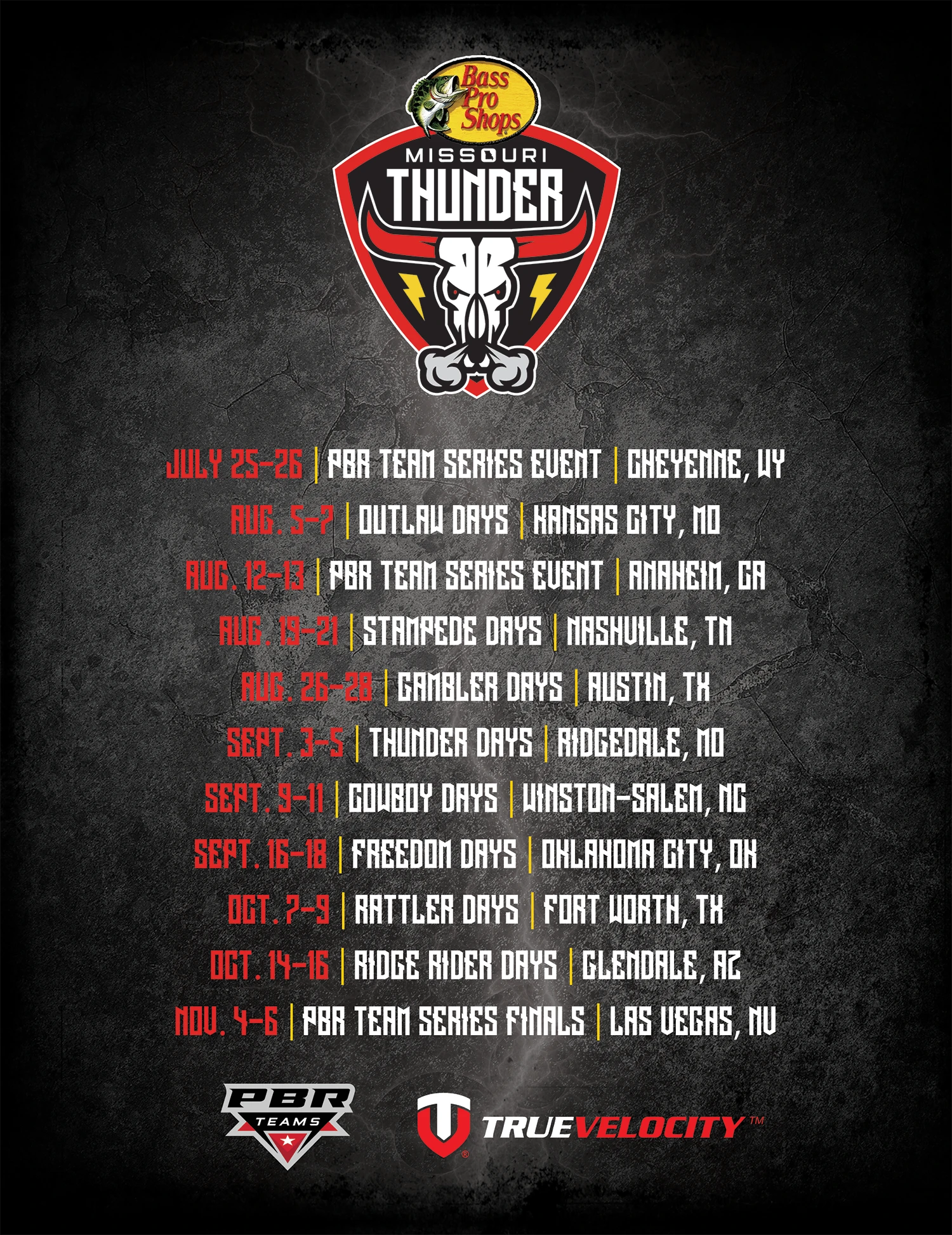 Dark Missouri Thunder team schedule poster.