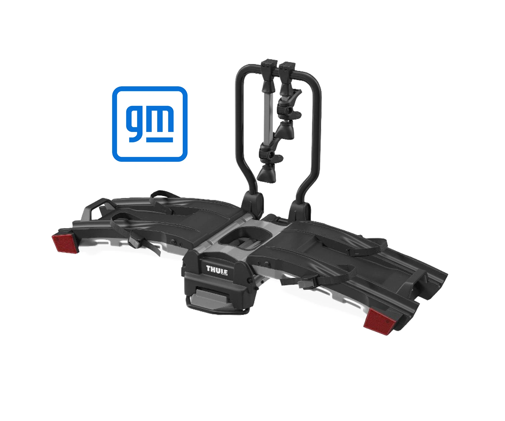 Thule EasyFold XT bike rack beside the blue General Motors logo.