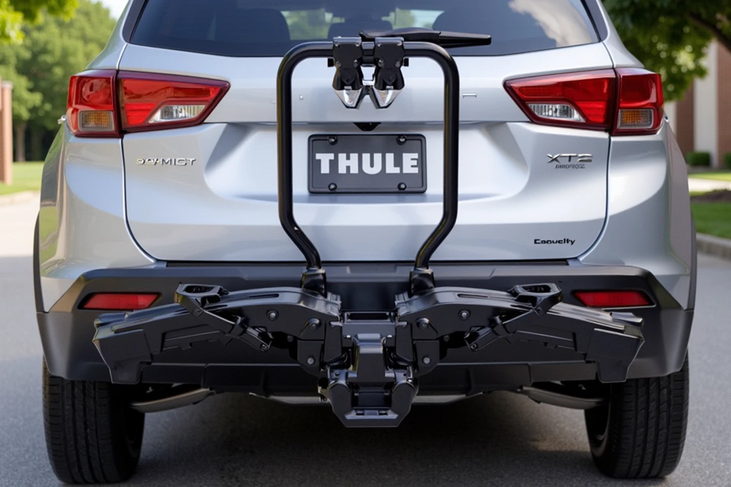Early AI-generated rear view of a vehicle with a mounted bike rack.