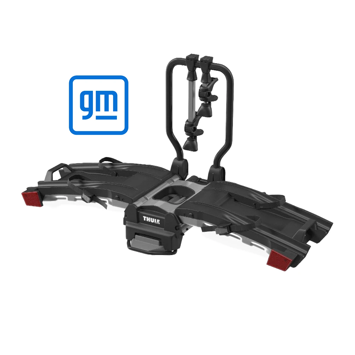 Thule EasyFold XT bike rack beside the blue General Motors logo.