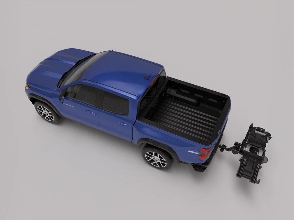Angled overhead view of the pickup and bike rack used as training data.
