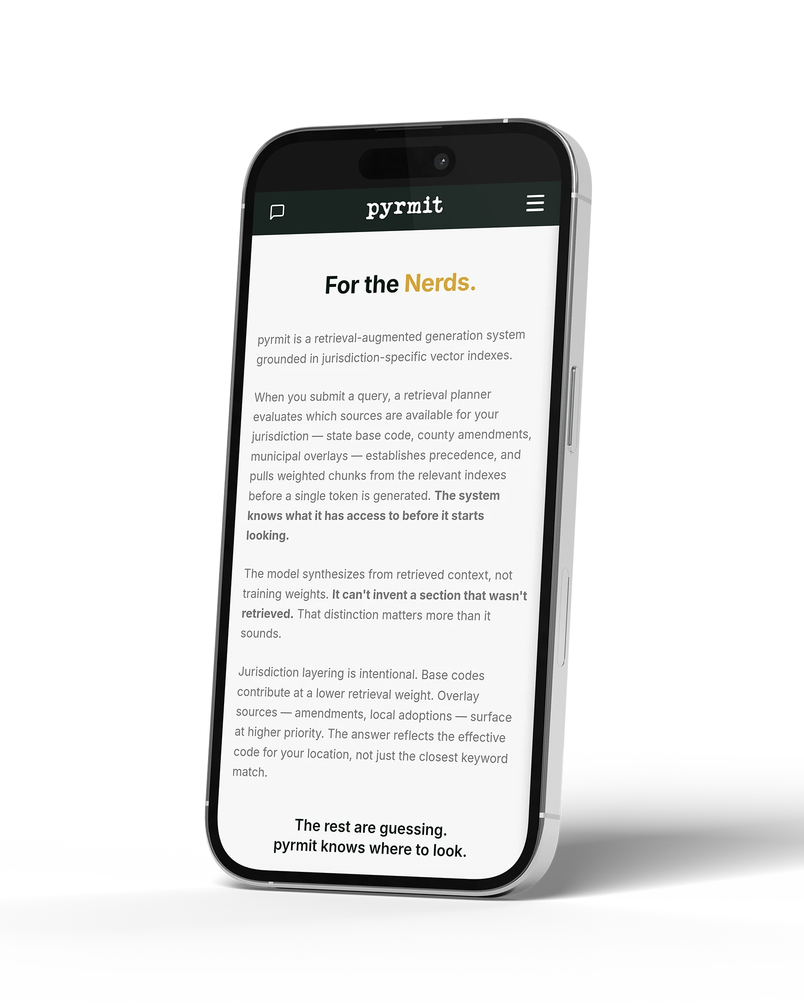 pyrmit technical overview displayed on an angled iPhone.
