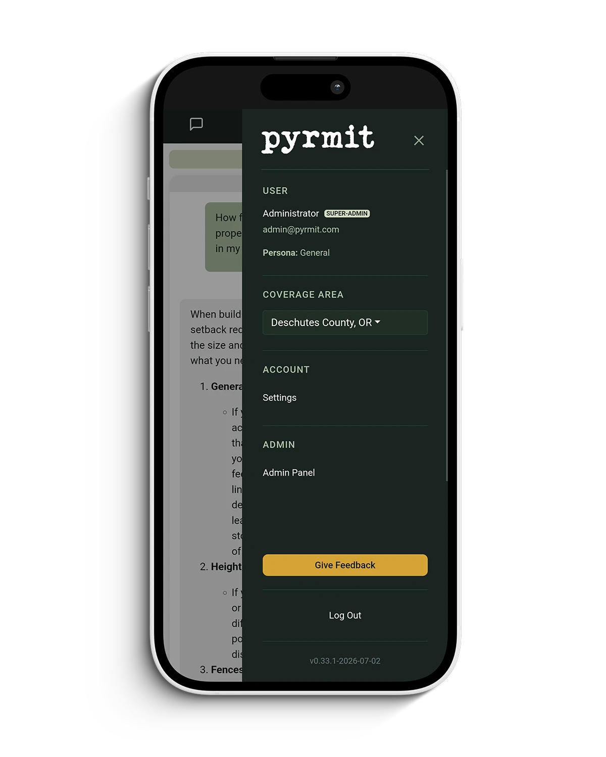 pyrmit mobile navigation with coverage area selection and account settings on an iPhone.
