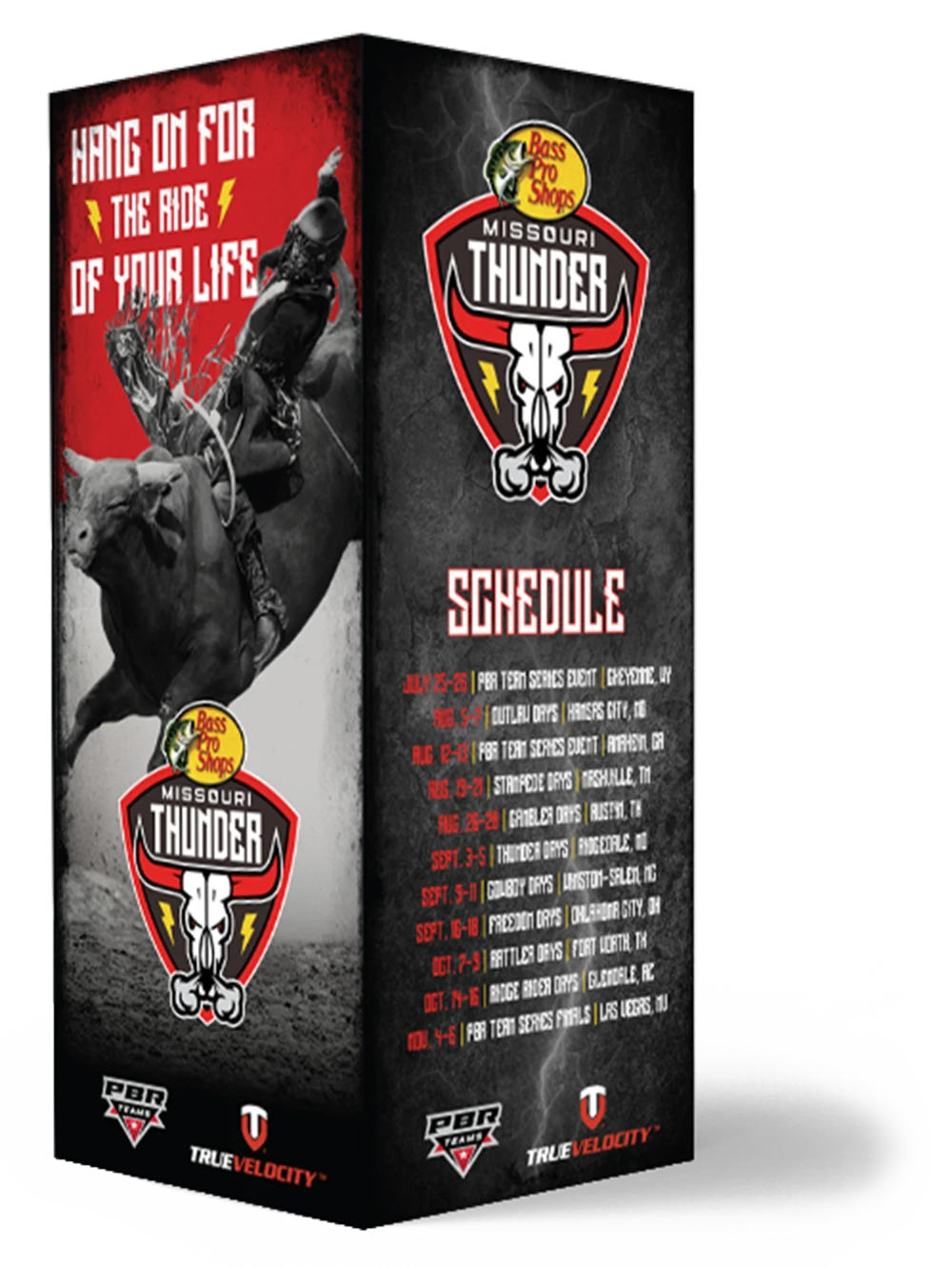 Two-sided Missouri Thunder promotional tent card.